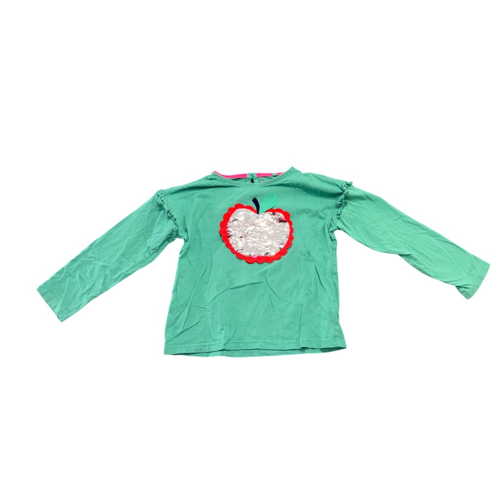 Mini Boden Girls Green Sequin Apple Long Sleeve Ruffle Top Size 7-8Y 128cm